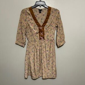 Rue 21 Dress S Tan Brown Floral V Neck 3/4 Sleeve Mini Lace Up Babydoll Coquette